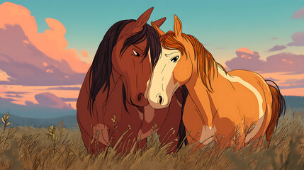 Obraz premium Two horses nuzzle affectionately in a serene meadow at sunset, surrounded by vibrant clouds