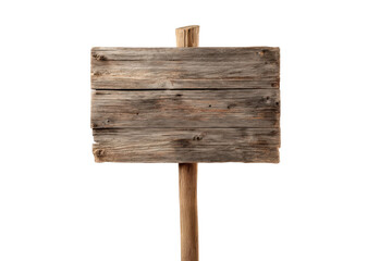 Weathered wooden sign on post against black background, cut out
