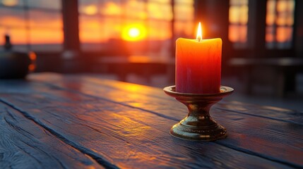 Sunset candle on rustic table