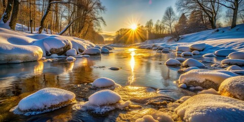 sunlight reflecting on ice-covered rocks near a flowing stream in a serene winter landscape at golden hour , warm light, tranquil atmosphere