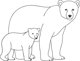 Line drawing shows a mother polar bear standing with her cub near her