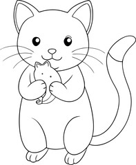 Monochrome kitty lovingly holds a smaller cat in its paws, outlining a tender cartoon moment