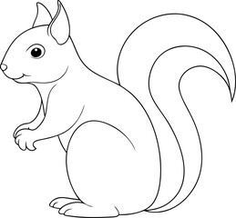 Outline drawing shows a cartoon squirrel standing in profile with a bushy tail