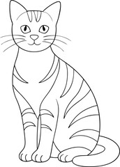 Outlined cartoon cat with stripes sits upright, looking directly forward, on transparent background