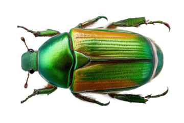 Bright metallic green and orange beetle with detailed texture on black background, cut out