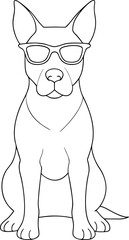Outlined cool dog wearing sunglasses is sitting and facing forward with transparent background