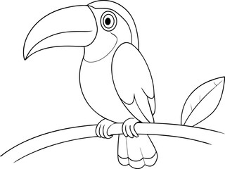 Outlined cartoon toucan perches gracefully upon a branch near a simple leaf artfully