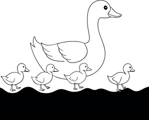 Outlined goose with four goslings are floating in water on transparent background