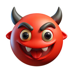 3d red devil emoji with horns grinning mischievously isolated on transparent background