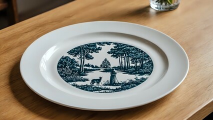 Vintage ceramic plate with detailed countryside illustration of woman and dog walking near lake under trees. Decorative tableware concept
