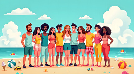 illustration captures the essence of a joyful summer day at the beach, featuring a diverse group of friends basking in the warm sun. The scene is filled with elements that evoke a sense of relaxation