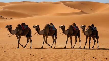 Group of camels in single file walking across golden desert dunes under warm sunlight with traditional saddles and shadows. Nomadic journey concept
