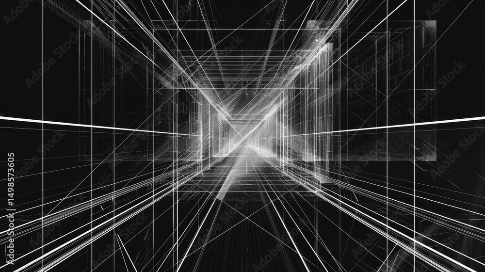 Poster a striking abstract representation of an architectural structure featuring thin lines and geometric 