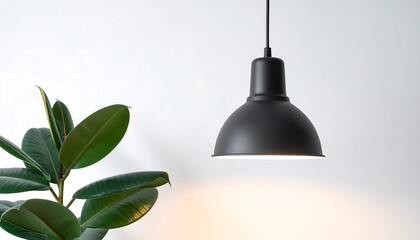 Obraz premium Modern black pendant lamp with lush green plant with minimal home decor, and bright light.