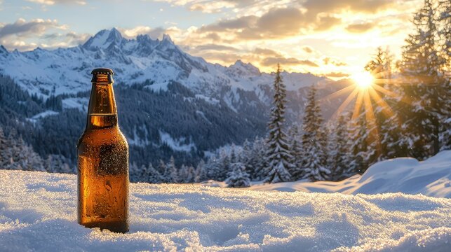 A beer bottle in the snow with pine trees and mountain peaks