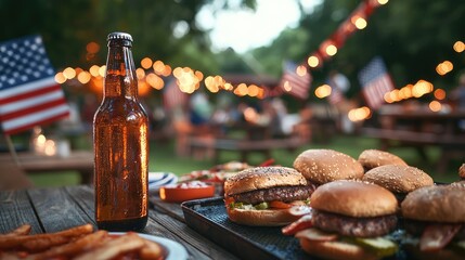 A beer bottle on a 4th of July BBQ table with flags and burgers