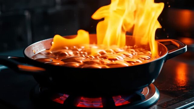 Flames rise from black metal pan with bubbling liquid gas stove, creating intense cooking scene kitchen as boiling water and oil catch fire, dramatic orange fire and heat risk spreading energetic