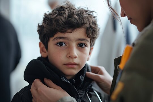 A close-up of a young refugee boy receiving medical attention in a clinic, with a nurse gently helping him.Refugee crisis.World refugee day.Refugee awareness.Forced displacement.