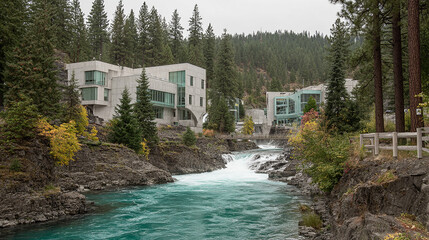 Modern Architecture Building by Riverfront with Lush Greenery in Spokane Washington USA Landscape