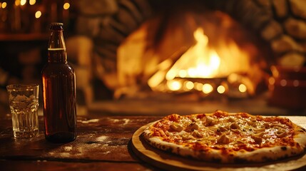 A beer bottle on a table with homemade pizza in a cozy farmhouse