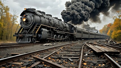 Naklejka premium Classic black steam locomotive releasing heavy smoke while turning through forest railway tracks surrounded by autumn foliage. Vintage transportation concept 