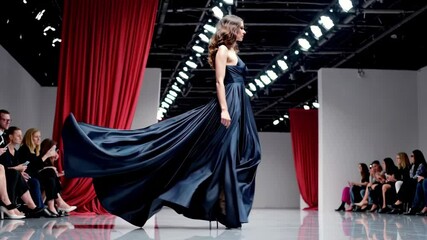 Elegant model gracefully walking the runway in flowing evening gown - Powered by Adobe