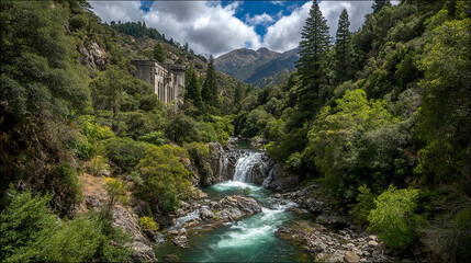 Picturesque Landscape of a Waterfall and Historic Building in a Lush Green Forest in Northern California