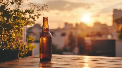 A beer bottle placed on a rooftop garden table at sunset
