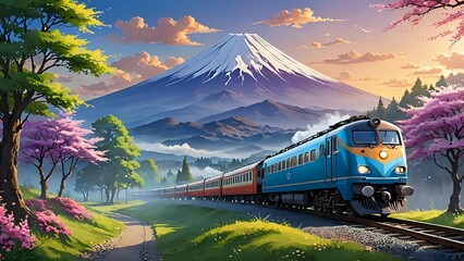 Blue passenger train traveling through cherry blossom landscape with Mount Fuji and golden sunrise in the background. Travel concept
