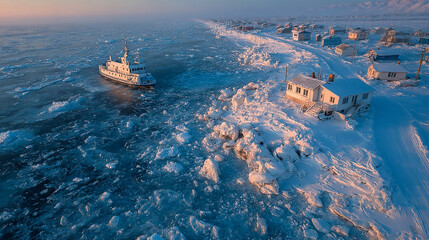 Arctic Coastal Village with Icebreaker Ship Navigating Frozen Waters in Winter Landscape