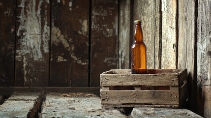 A beer bottle placed on a worn-out wooden crate in a barn