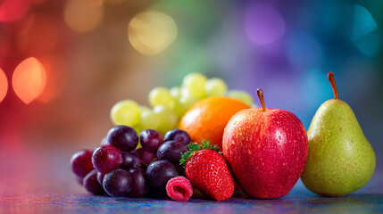 Fresh Fruits Still Life with Apple Pear Grapes Strawberry and Orange on Colorful Bokeh Background