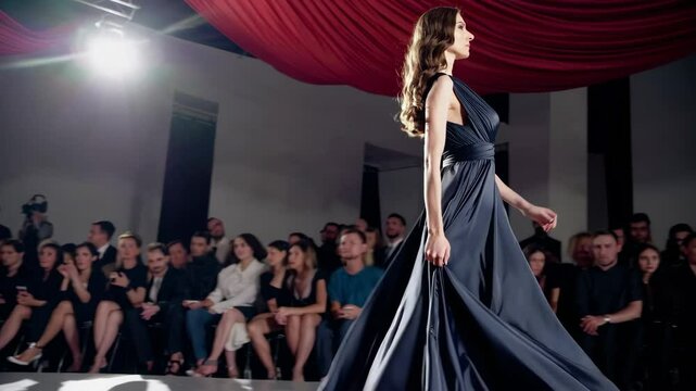 Elegant fashion show: model walking the runway in flowing evening gown