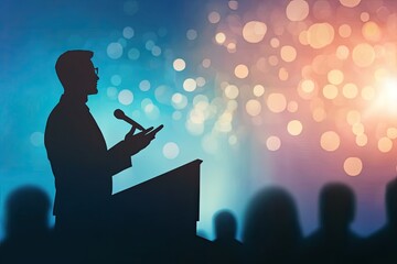 Silhouette of a speaker addressing an audience against a backdrop of fireworks