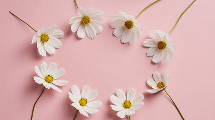 Obraz premium Delicate white cosmos flowers arranged in a loose circular pattern on blush pink paper with natural lighting in a serene style