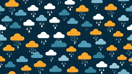 Seamless vector pattern of rain clouds with raindrops in orange, blue, and white on dark background. Pattern concept
