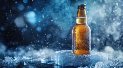 A beer bottle resting on an ice block with frozen mist