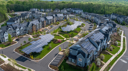 Aerial View of a Suburban Neighborhood with Solar Panels on Rooftops and Carports for Sustainability