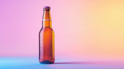 A beer bottle standing against a gradient pastel backdrop