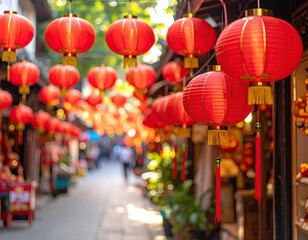 Vibrant red lanterns adorn a traditional street market in warm daylight illuminating bustling shops and pedestrian activities creating a festive atmosphere in a blurred background.