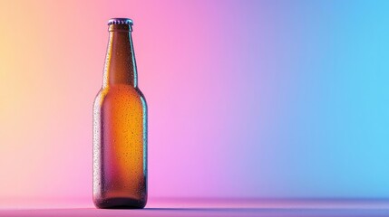 A beer bottle standing against a gradient pastel backdrop