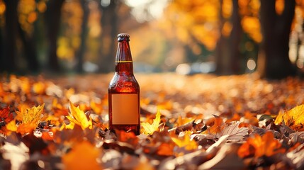 A beer bottle surrounded by autumn leaves in a quiet park