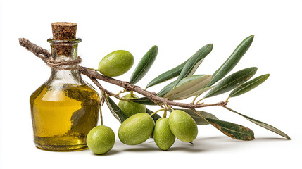Olive Oil Bottle with Green Olives and Branch on White Background Still Life Photography Studio Shot