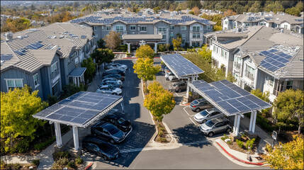 Apartment Complex with Solar Panel Carports Providing Shaded Parking and Renewable Energy in Sunny California