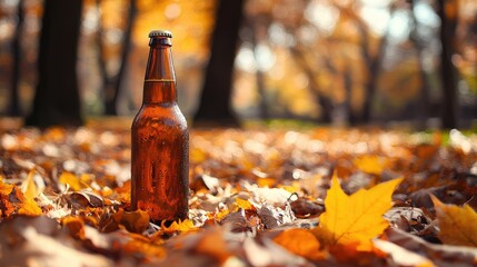 A beer bottle surrounded by autumn leaves in a quiet park
