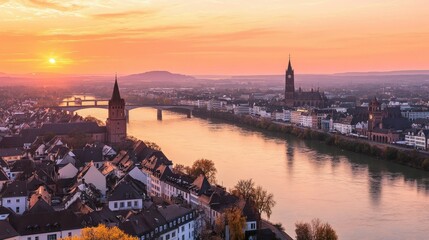 Obraz premium Sunset Panorama of Heidelberg, Germany: A Breathtaking View of the Altstadt and Neckar River