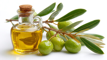 Olive Oil Bottle with Green Olives and Branch on White Background Still Life Photography Close Up