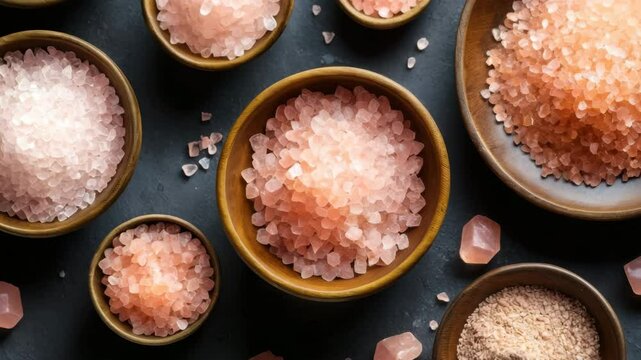 Pink salt and rock salt crystal mineral seasoning and spice in wooden bowl, natural organic coarse grains and fine textures, rustic culinary scene with salt crystal variety