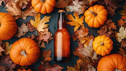 A beer bottle surrounded by pumpkins and fall leaves