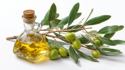 Olive Oil in a Glass Bottle with Green Olives and Olive Branch on a White Background for Healthy Eating